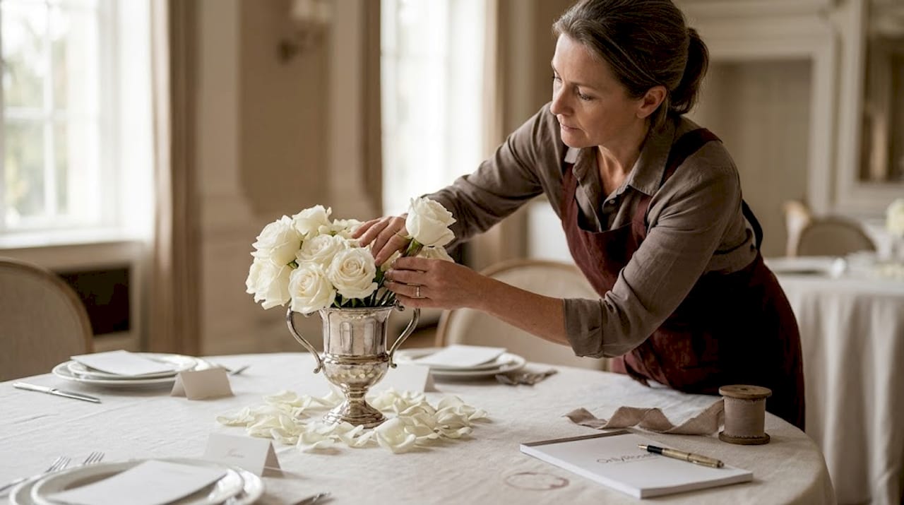 White roses arranged for a wedding table