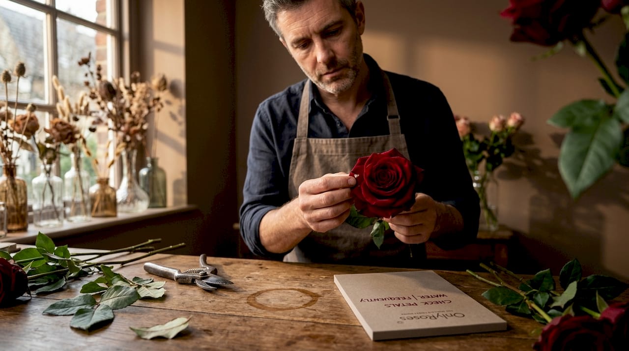 Florist inspecting quality of fresh roses