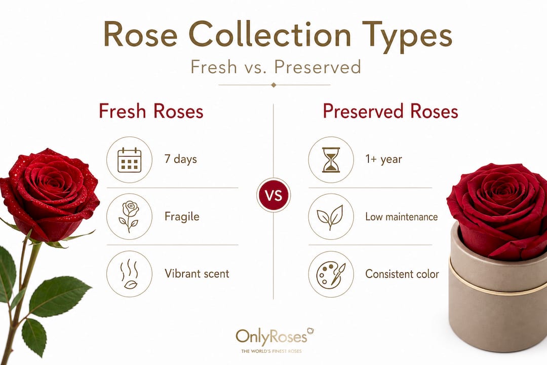 Infographic comparing fresh and preserved rose types