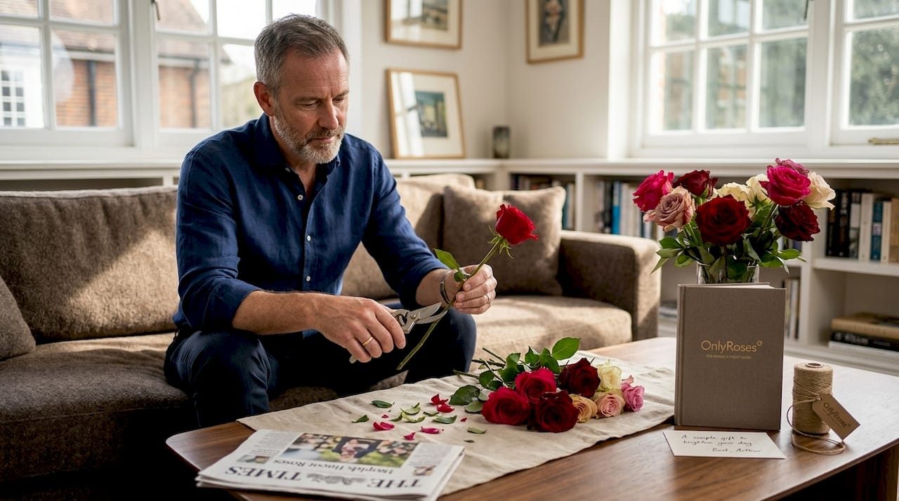 Man arranging roses with ribbon and card