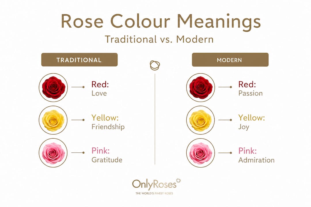 Infographic comparing traditional and modern rose meanings