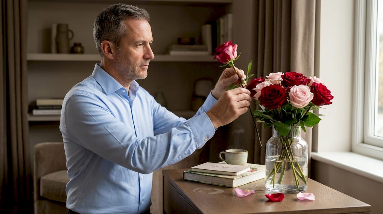 Man checking rose health in vase display