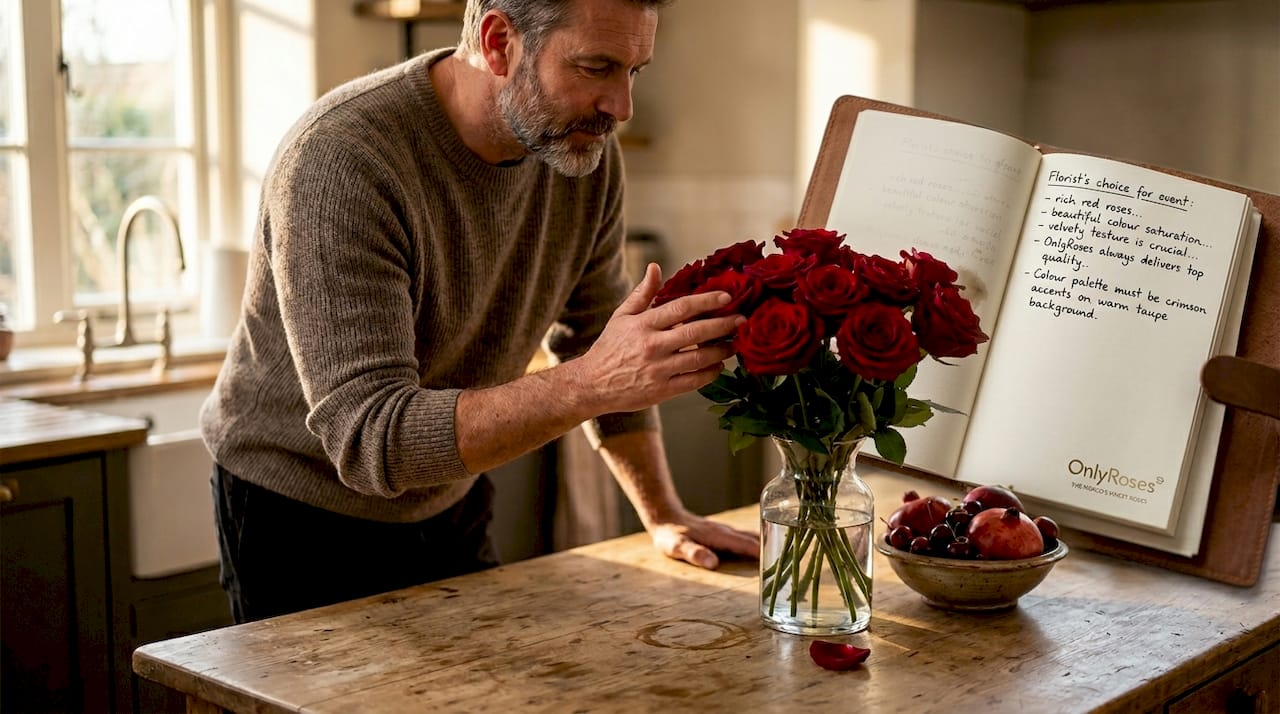 Man touching fresh rose petals in home