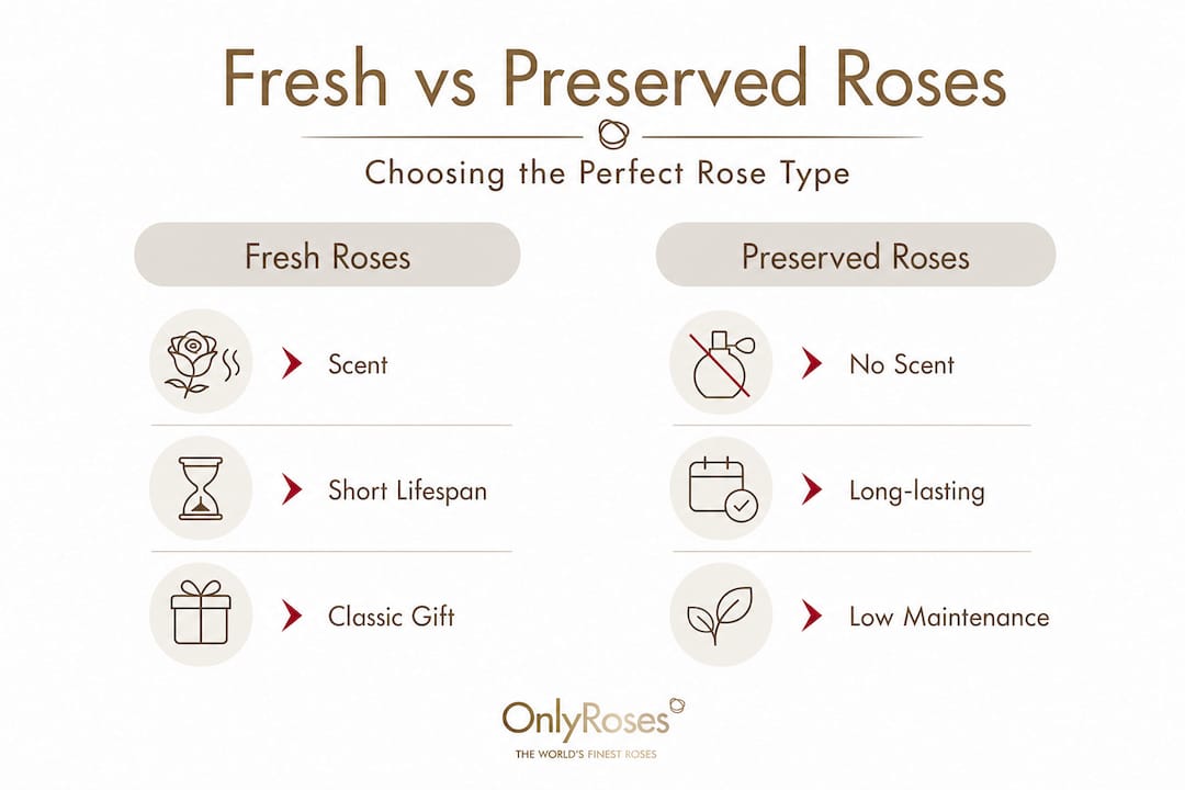 Infographic comparing fresh and preserved roses