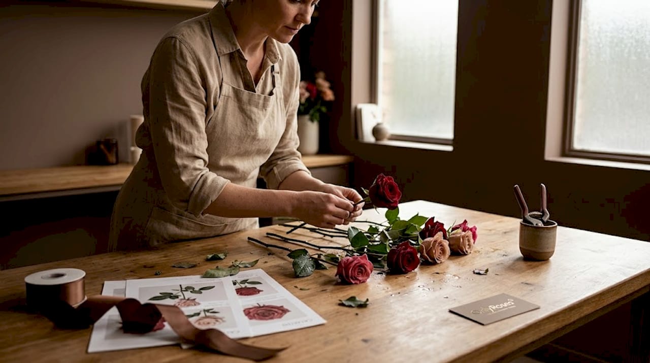 Florist preparing a luxury custom rose arrangement