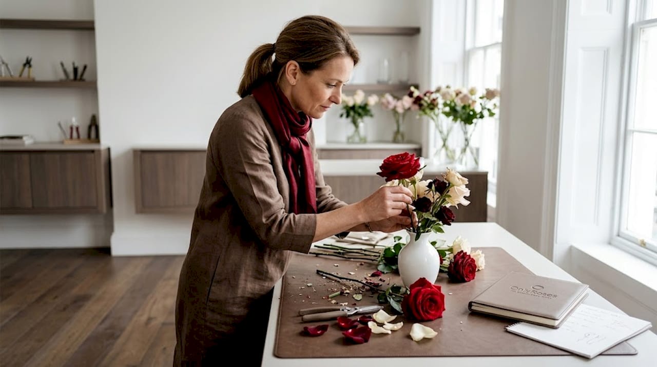 Floral designer arranging sophisticated rose bouquet