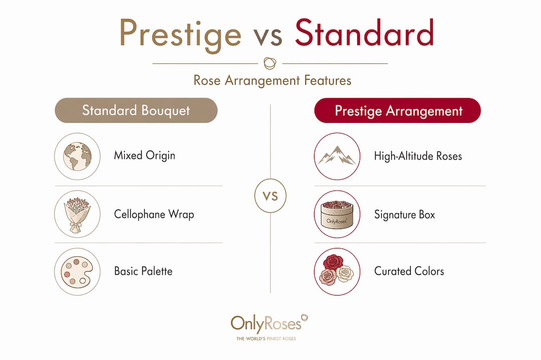 Infographic comparing prestige and standard rose bouquets