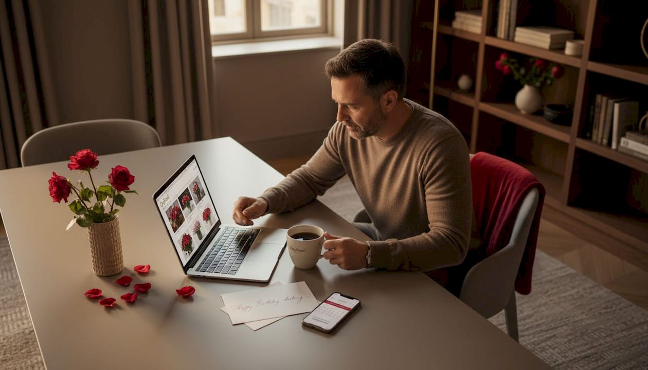 Person selecting flower arrangement online at home