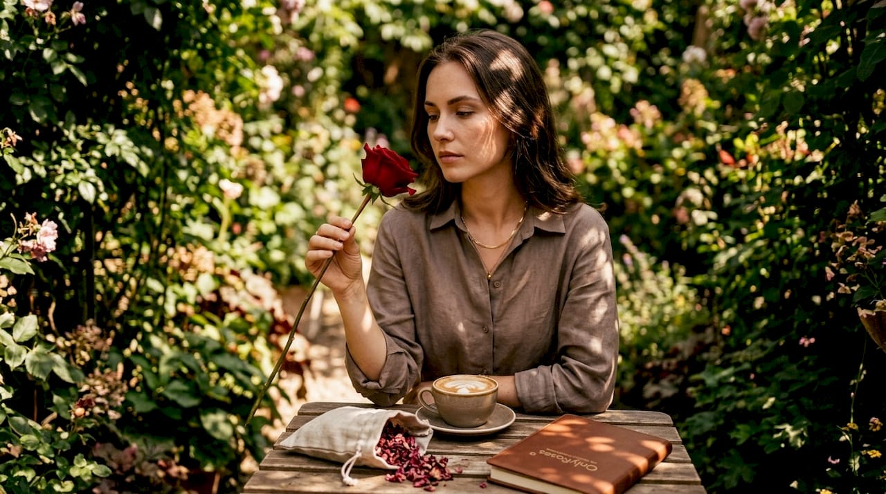 Woman holding single rose in city café