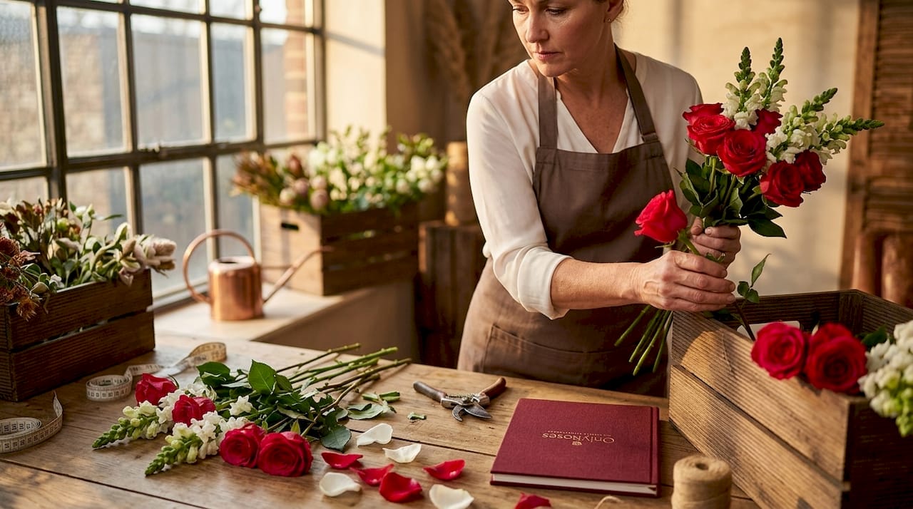 Florist assembling luxury rose bouquet at workbench