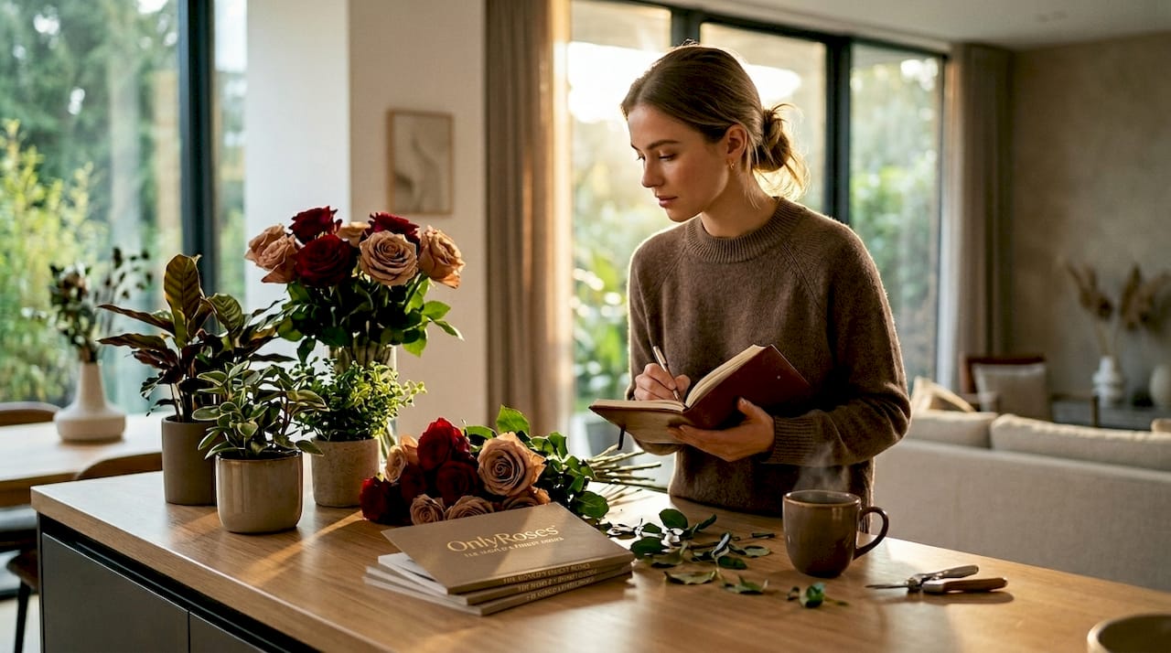 Person selecting floral gifts at kitchen counter