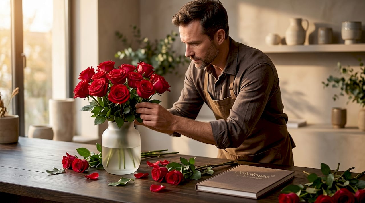 Florist arranging fresh roses at counter