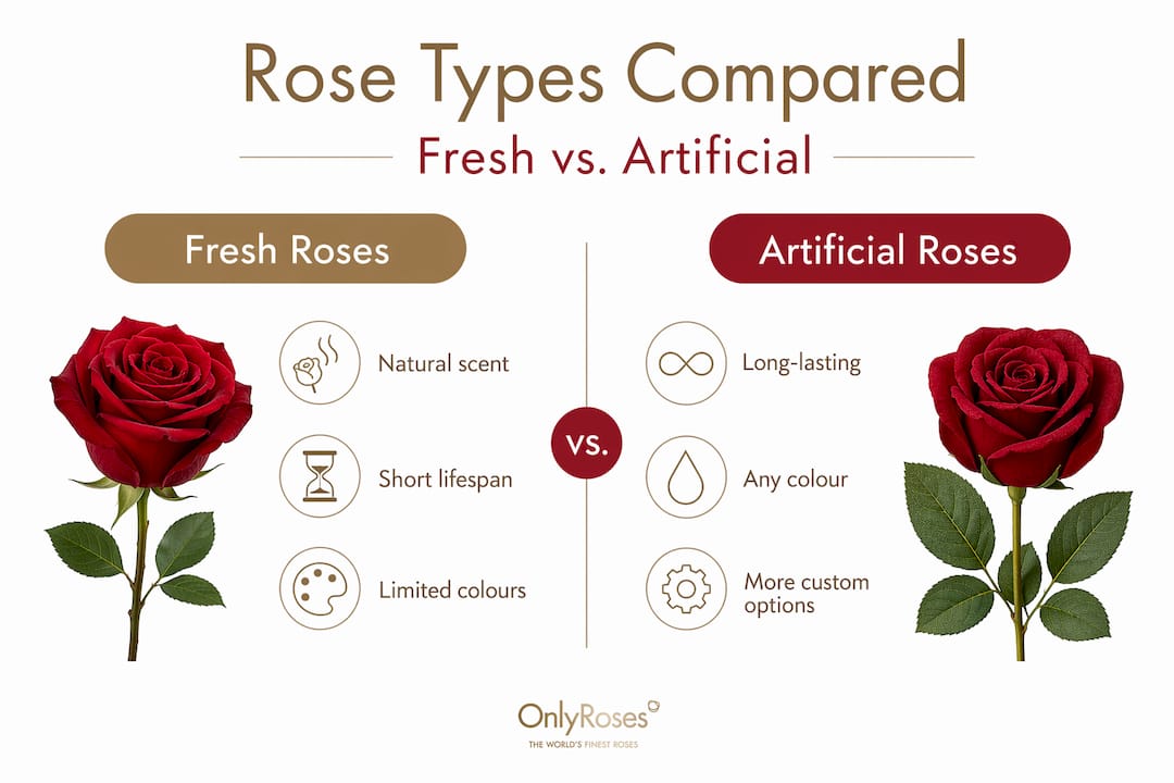 Infographic comparing fresh and artificial roses