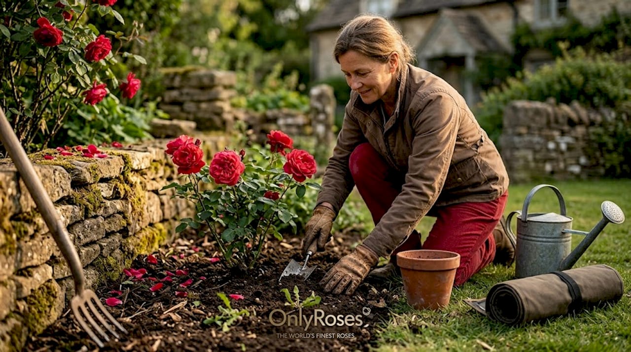 Woman planting group of shrub roses
