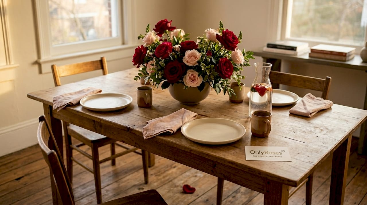 Roses centerpiece on casual dining table