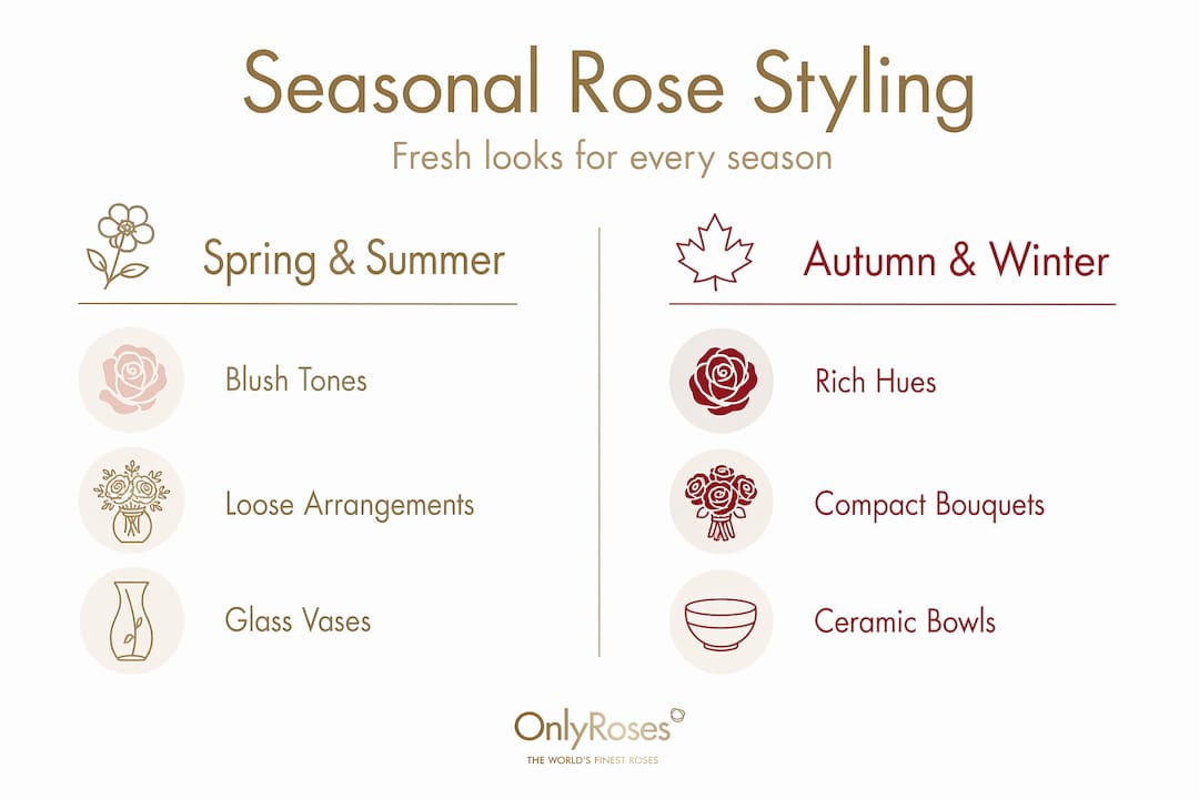 Infographic comparing seasonal rose styling ideas