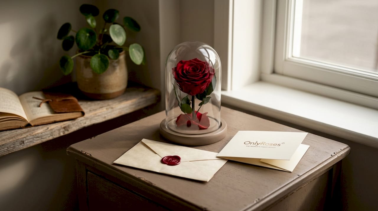 Preserved rose under glass dome with letter