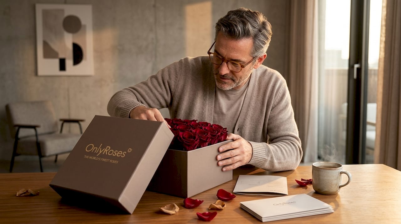 Man unpacks preserved rose arrangement