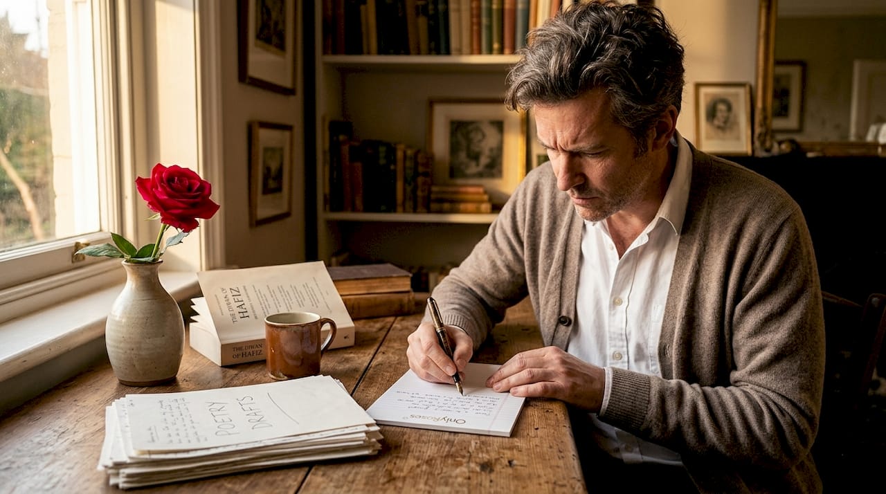 Poet writes with rose and poetry nearby