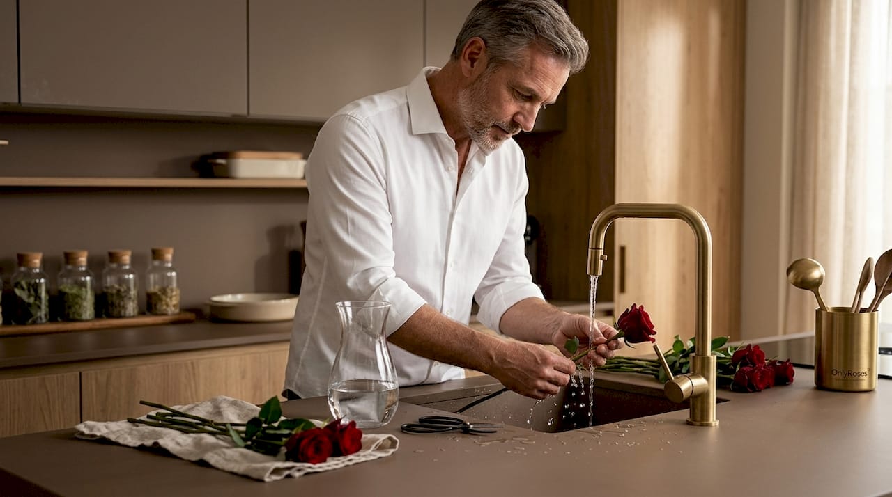 Man conditioning roses in kitchen