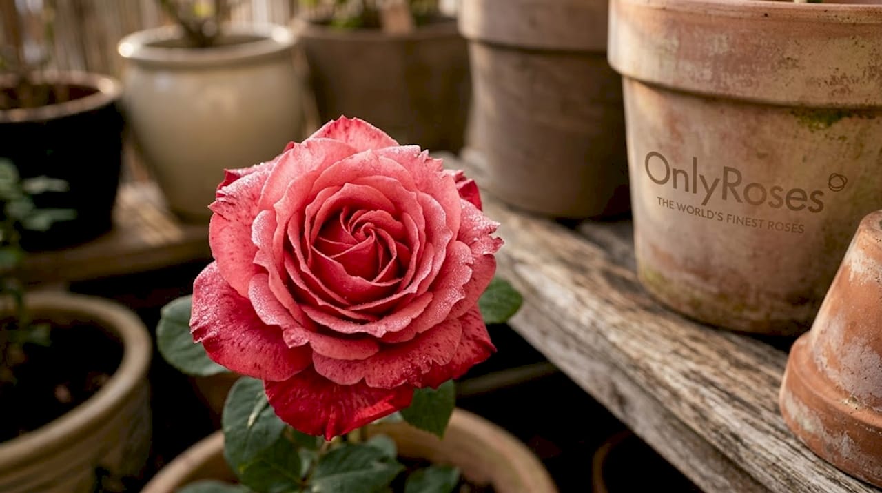 Pink Perfection rose in garden with dew