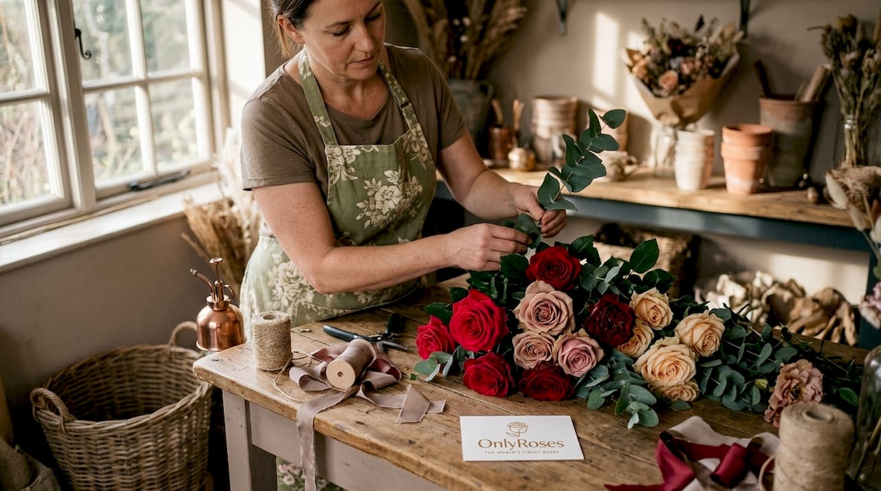 Florist arranging assorted rose bouquets