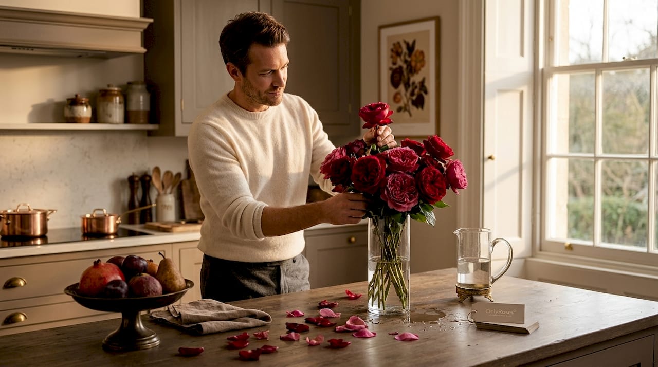 Man preparing fragrant rose centerpiece