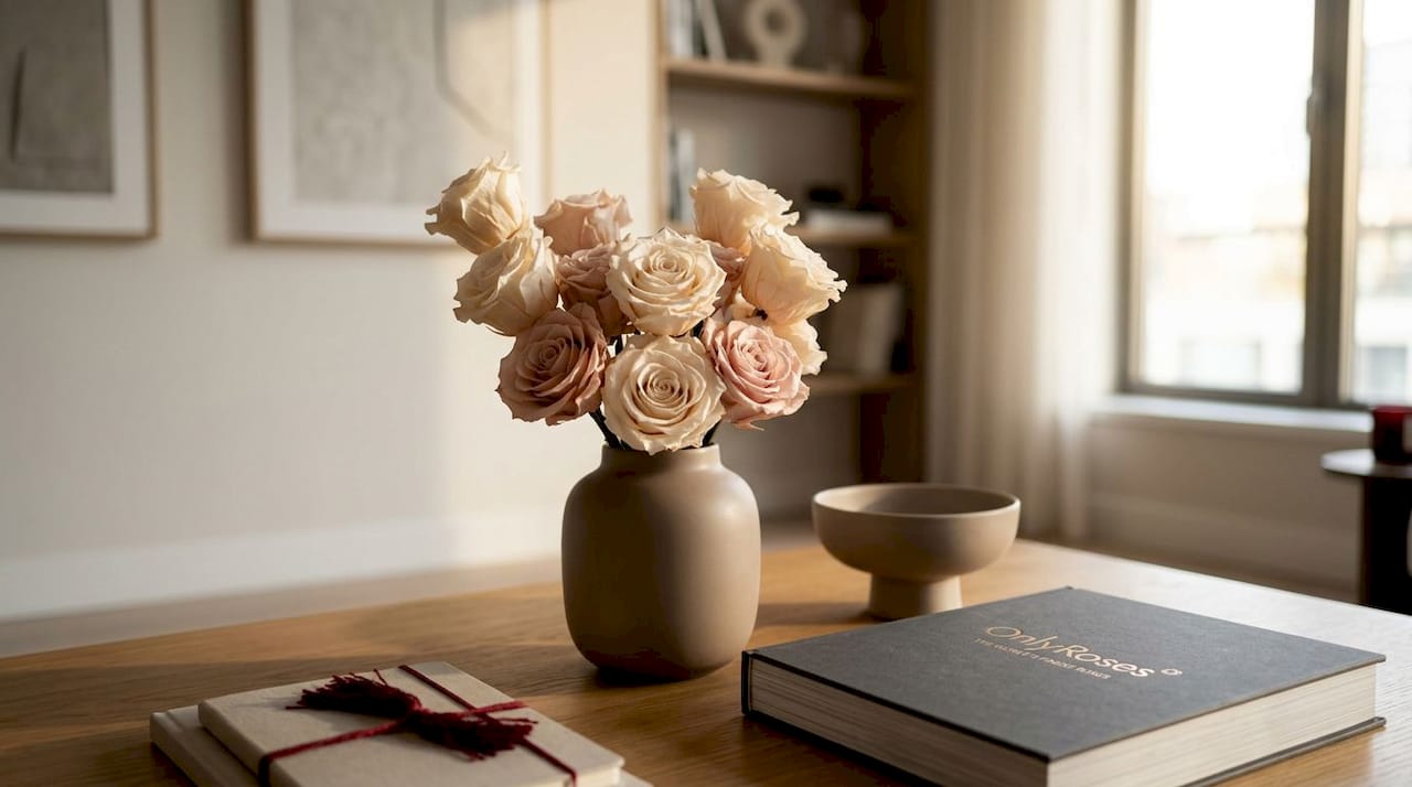 Preserved cream roses in taupe vase indoors