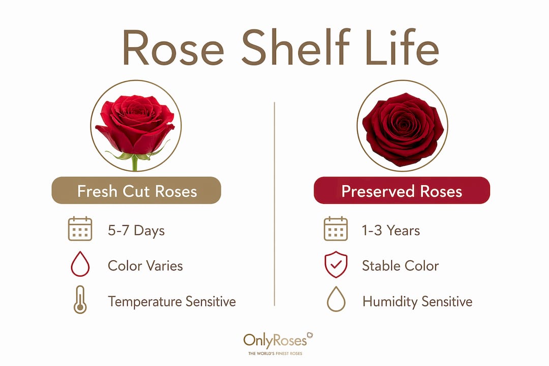 Infographic comparing fresh cut and preserved rose longevity