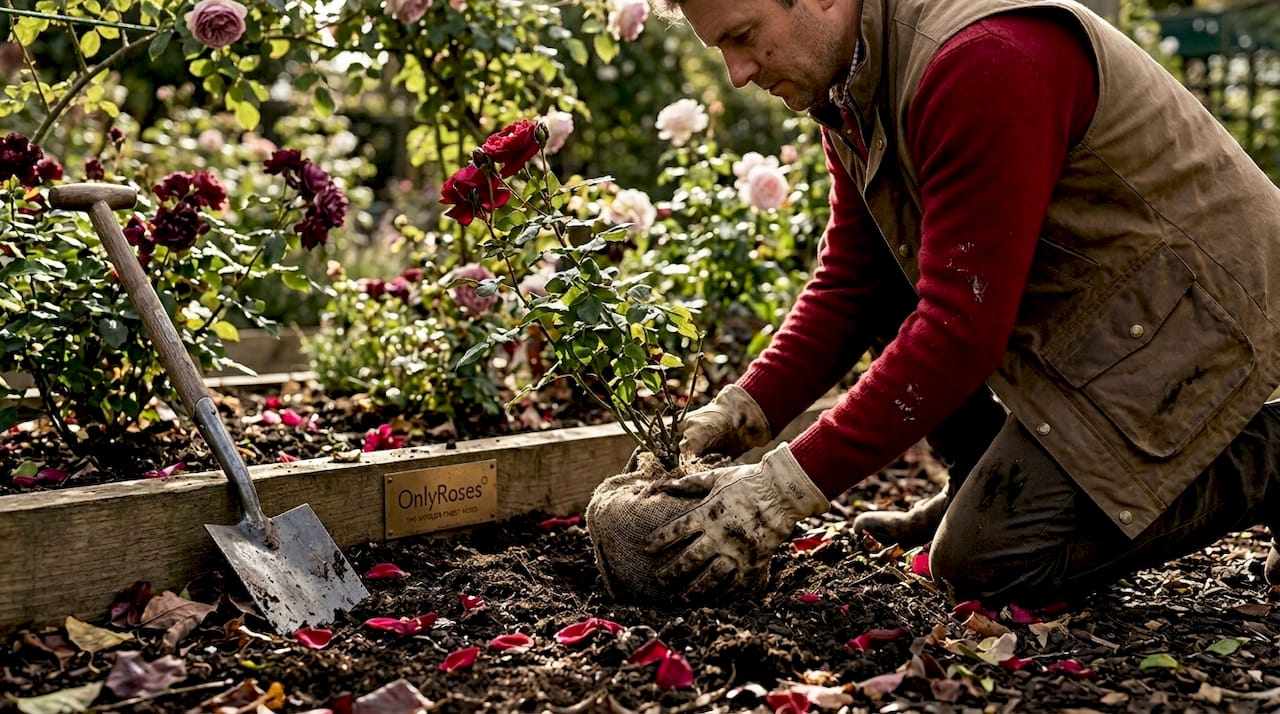 Planting rose bush in prepared soil bed