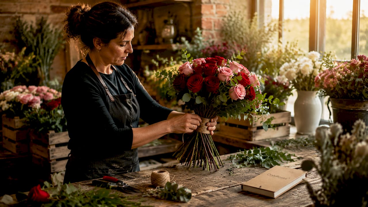 Florist arranging fresh rose bouquet