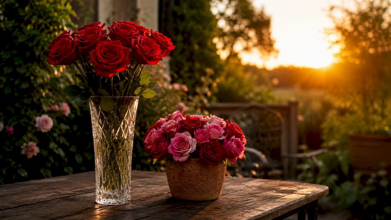 Comparison of long and short rose stem bouquets indoors