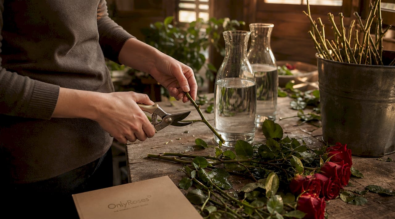 Hands cutting rose stems at angle