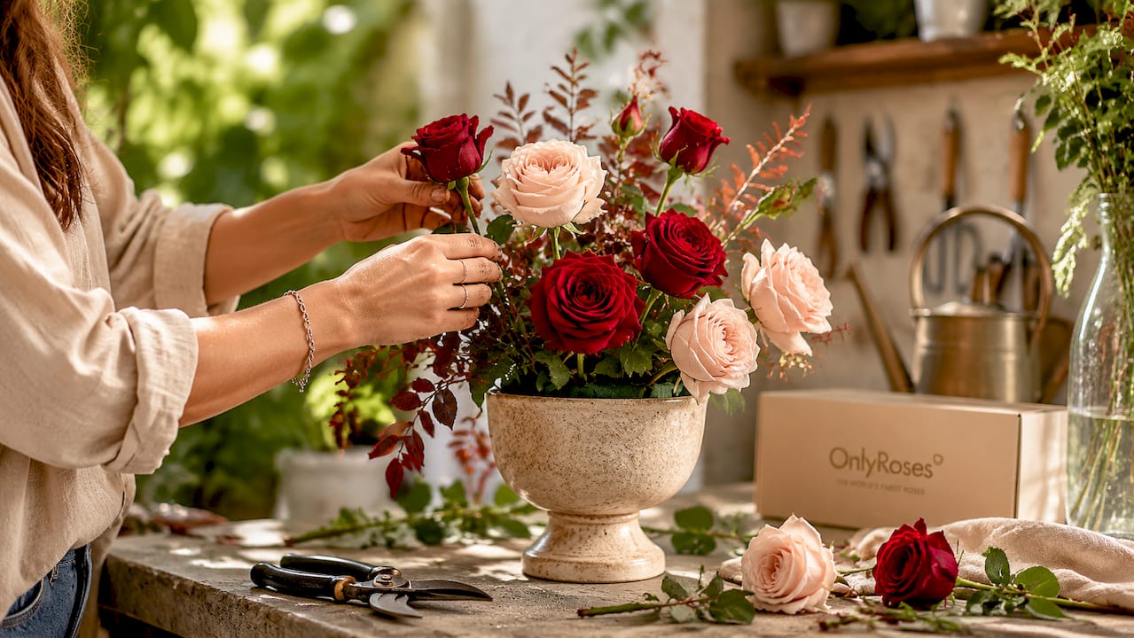 Hands arranging roses step by step
