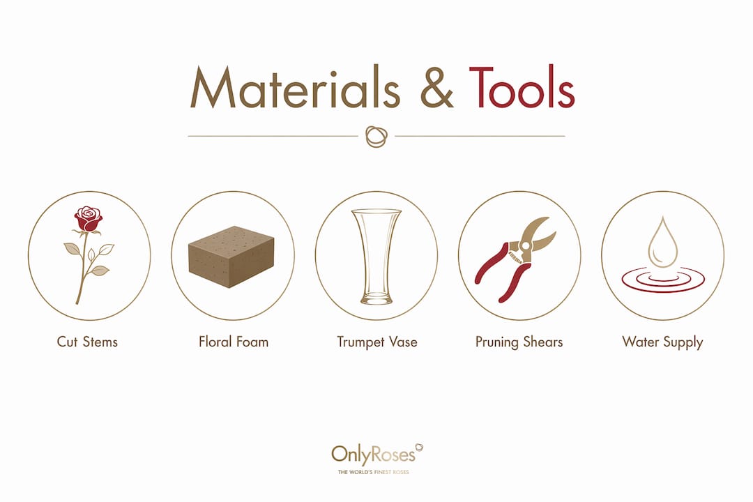 Infographic illustrating essential materials and tools for rose centrepieces