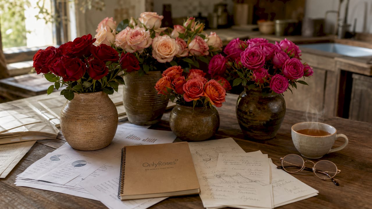 Overhead view of rose samples and carbon footprint reports