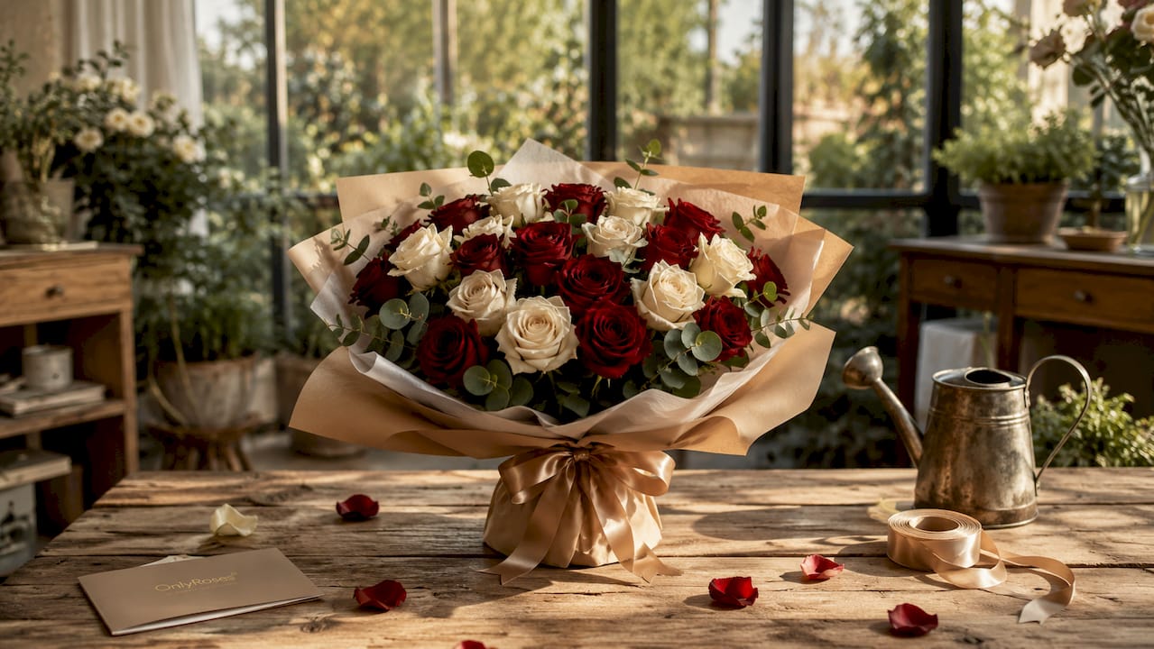Symmetrical rose bouquet on oak table