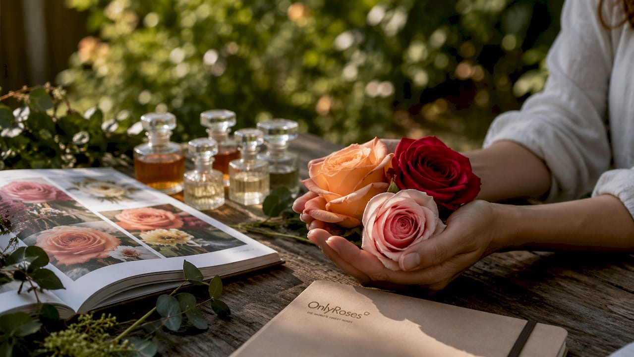 Hands comparing rose colours and forms