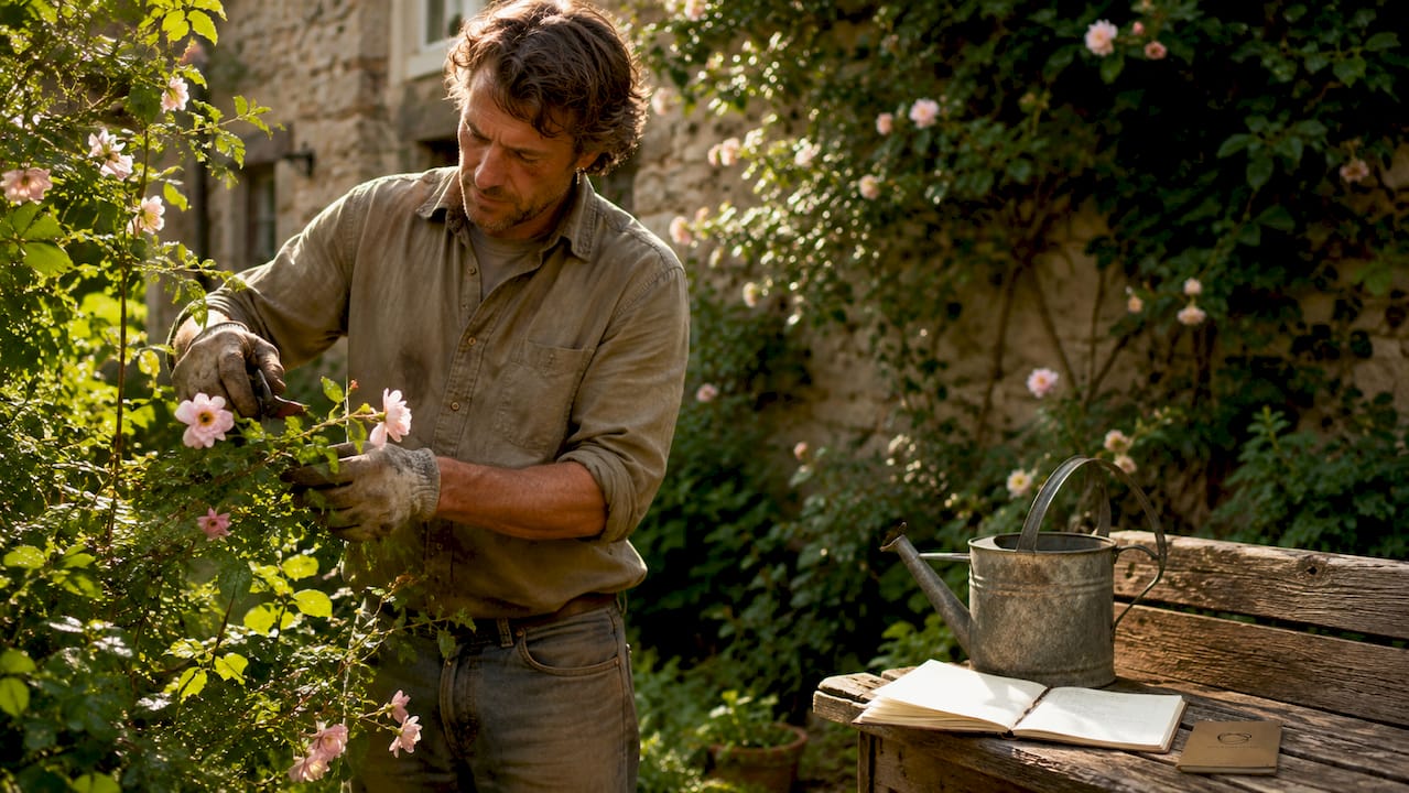 Hands pruning species rose outdoors in garden