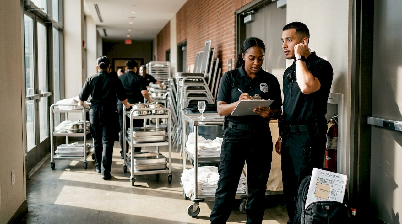 Security team coordinating outside busy hotel ballroom