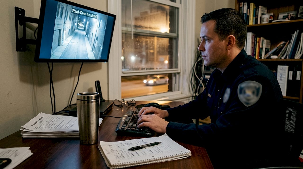 Security officer monitoring real-time video feed