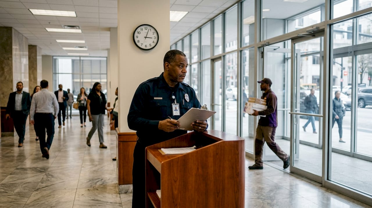 Static security guard at office lobby checkpoint