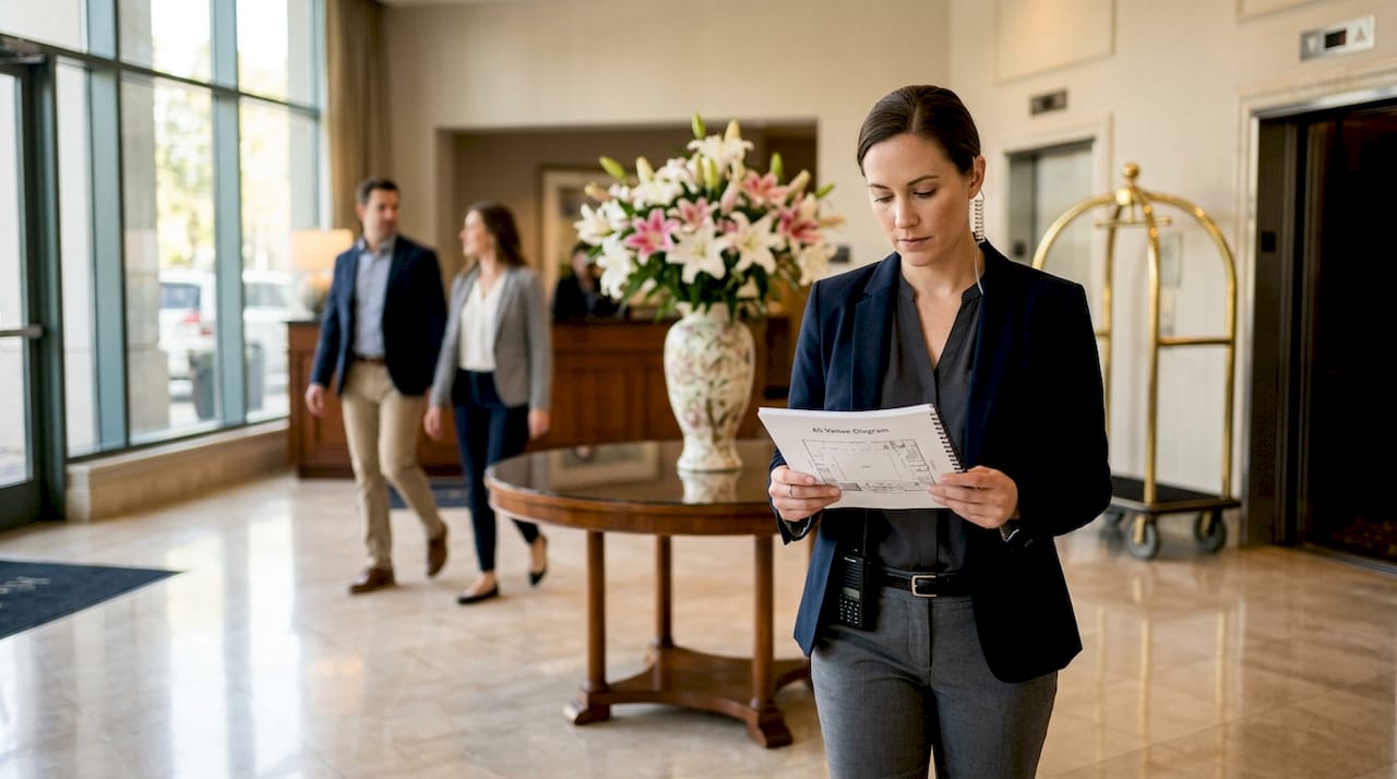 Security agent conducting advance venue walk-through