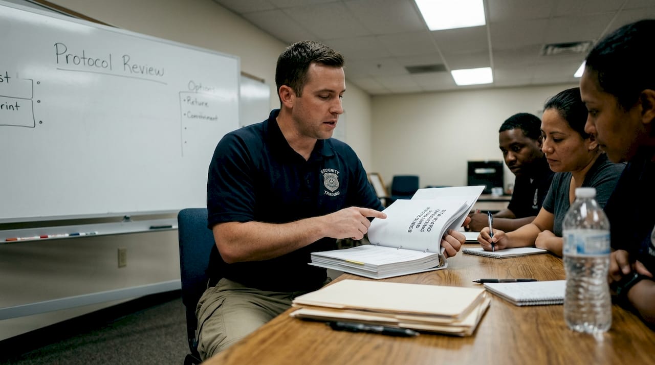 Security staff reviewing training materials