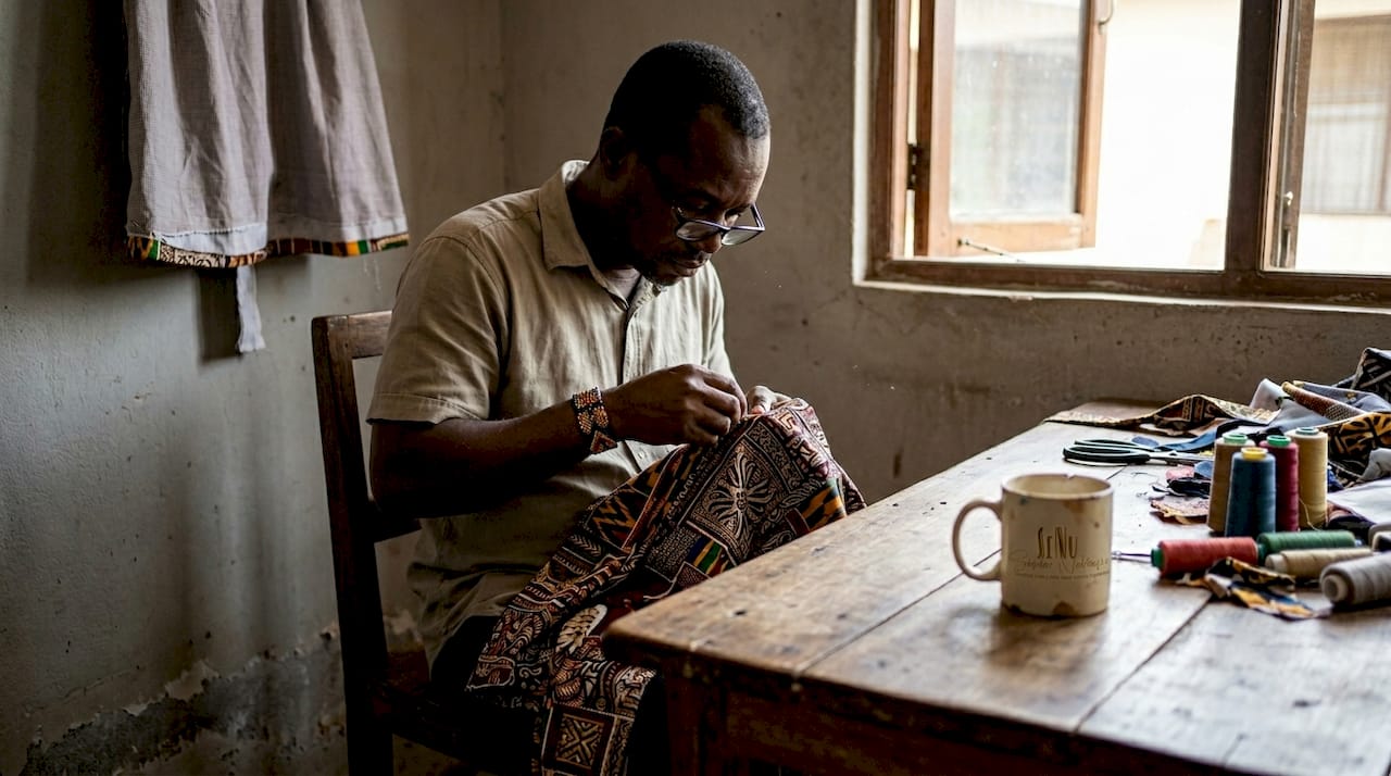 Artisan hand-sewing West African heritage garment