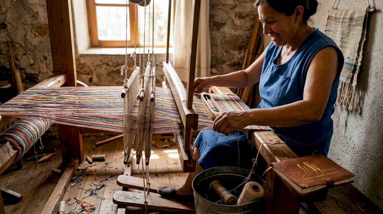 Artisan weaving colorful fabric on handloom