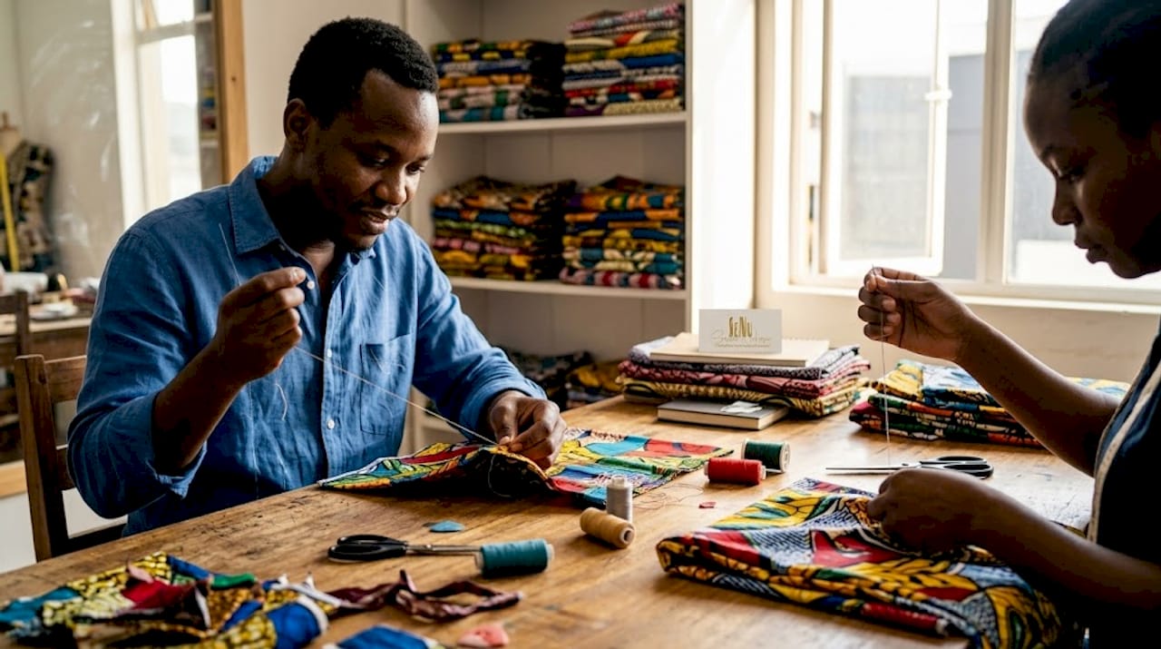 Artisans sewing colorful African fabrics