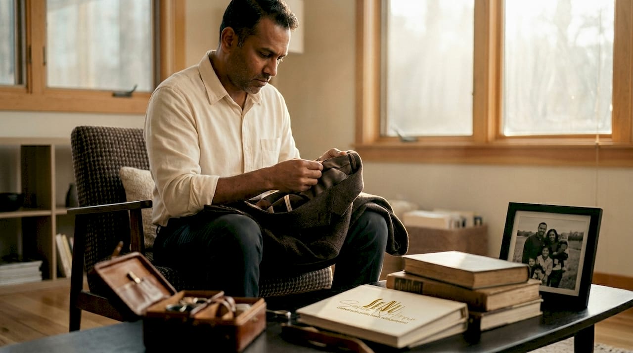 Man inspecting heritage jacket in home setting