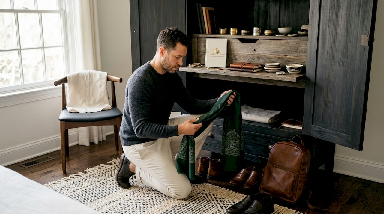 Man selecting unique accessory from closet