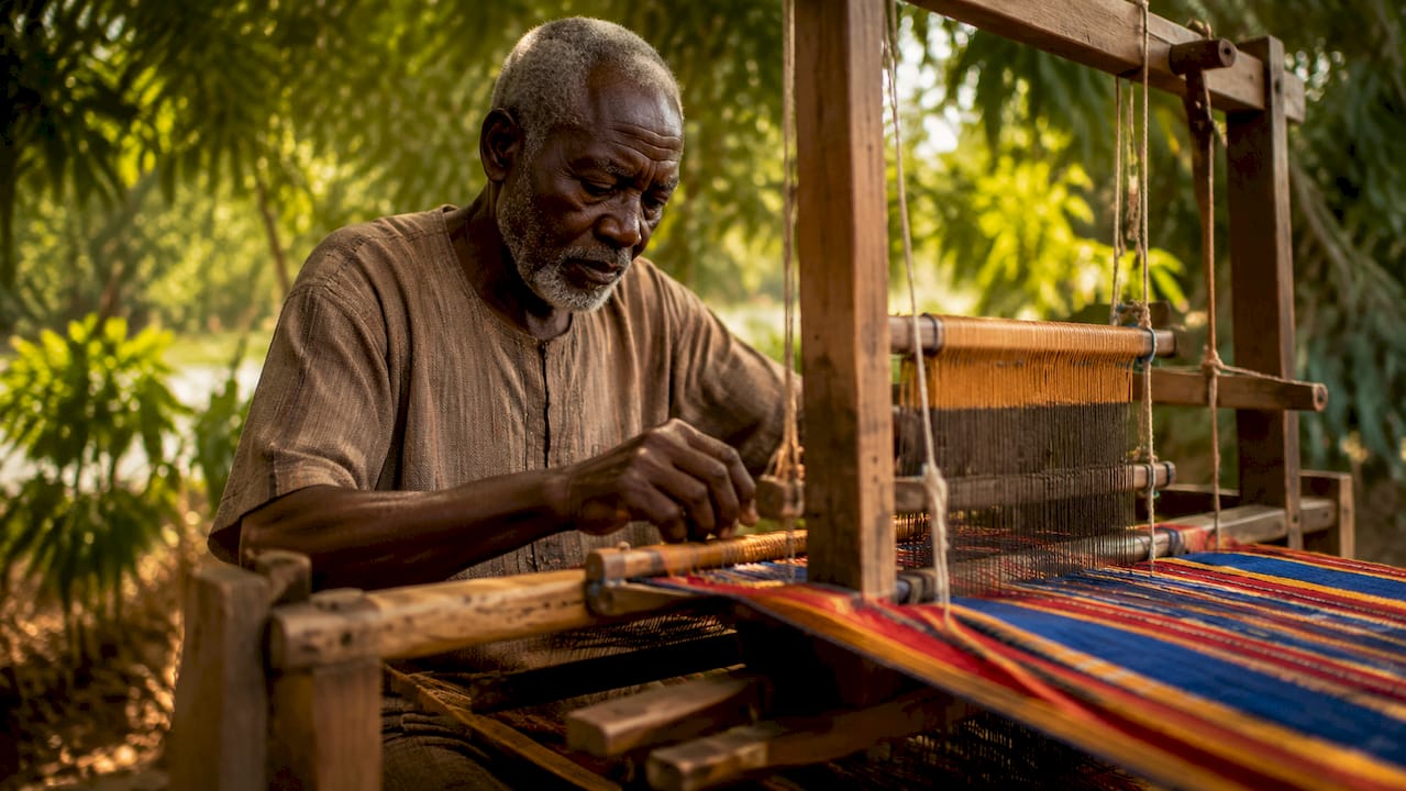 Artisan weaving colorful Kente cloth on loom